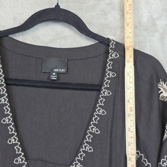 Greylin Dress Womens Medium Black Embroidered Boho Bell Sleeve Midi Fit & Flare - Picture 9 of 9